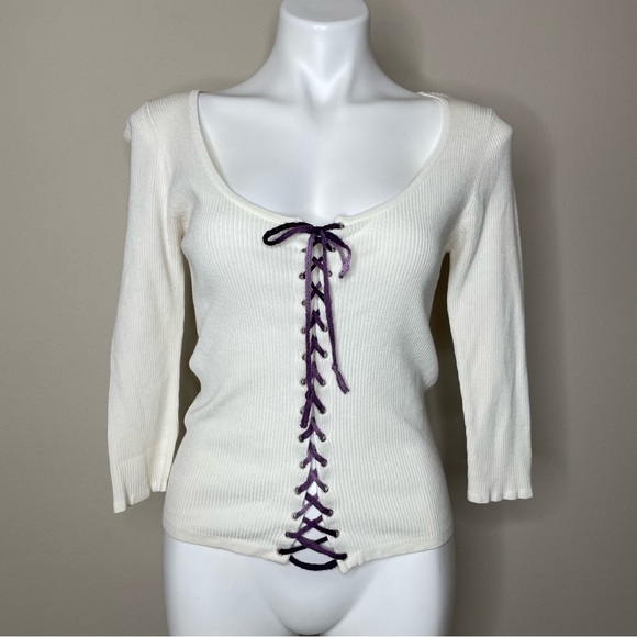 Vintage Tops - Vintage Cream Long Sleeve Ribbed Knit Top with Purple Lace-up Front Closure